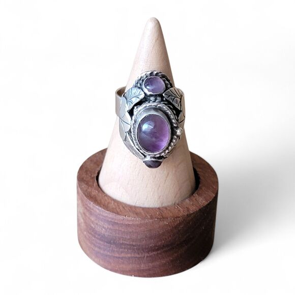 Taxco Jewelry - Vintage Sterling Silver Amethyst Poison Ring Adjustable Taxco Mexico FMD Size 7